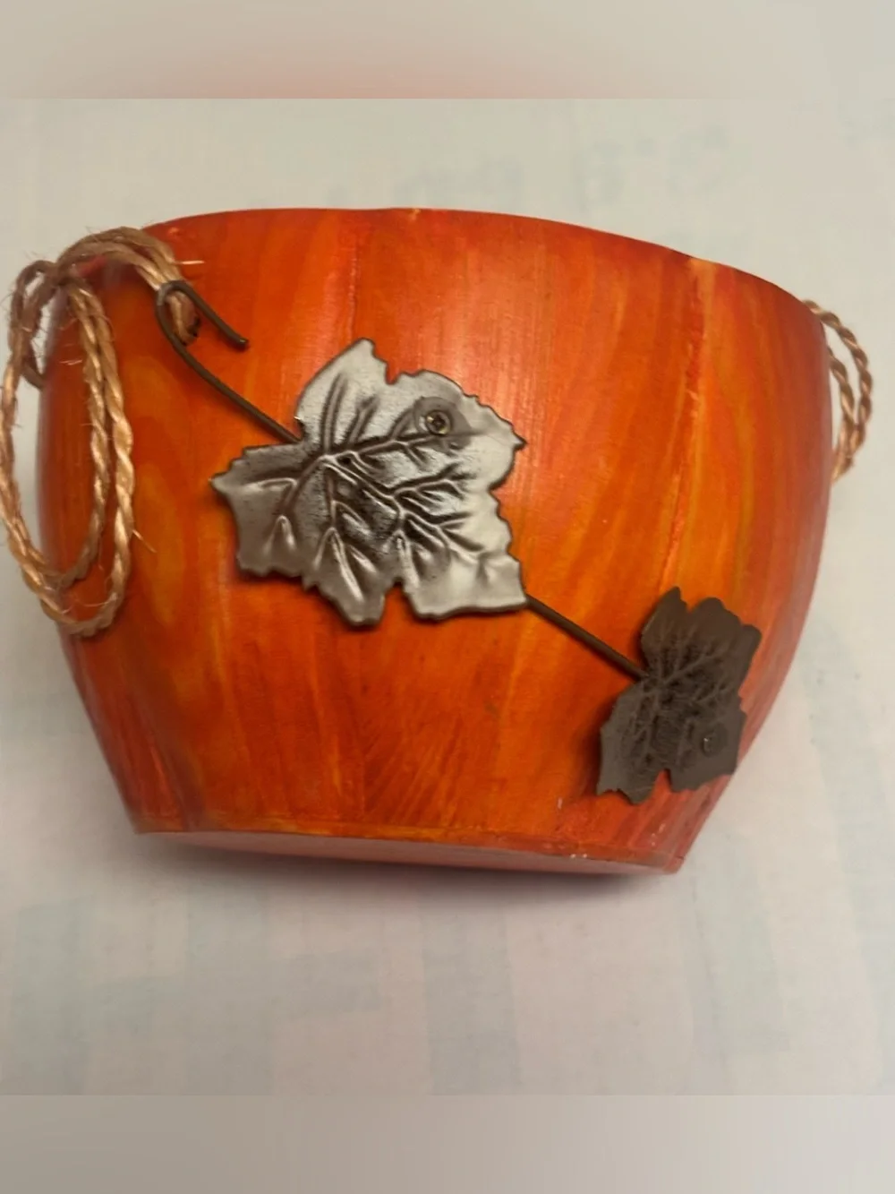 Avon Orange Spiced Pumpkin Bowl with Silver Metal Leaf Accents